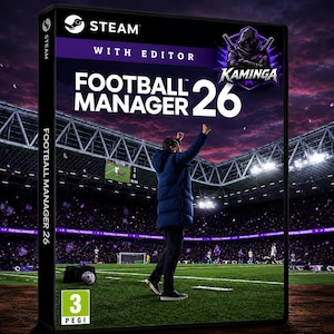 Puede incluir: Una caja de juego física para Football Manager 26 con editor, con un diseño en tonos morado oscuro y negro. La portada muestra a una persona de pie en un campo de fútbol con los brazos en alto, un estadio de fondo, un logo PEGI 3 y Steam.