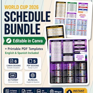 Puede incluir: Un paquete digital de calendario para la Copa Mundial 2026 con plantillas editables de Canva y diseños PDF imprimibles en inglés y español. El diseño incluye cuadros de torneo, tablas de grupos con banderas nacionales y formato A4.