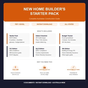 May include: A digital document set titled New Home Builder's Starter Pack, a complete Australian construction guide. It includes PDF and Excel files for all states, featuring a defect checklist, budget tracker, and editions for NSW, VIC, QLD, and WA.