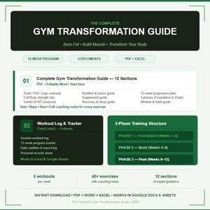 Könnte beinhalten: Ein digitaler Gym Transformation Guide mit einem 12-Wochen-Programm in zwei Dokumenten als PDF und Excel. Das Set enthält ein Trainingstagebuch, einen Tracker und eine 3-Phasen-Trainingsstruktur für Aufbau und Leistungssteigerung mit über 40 Übungen.