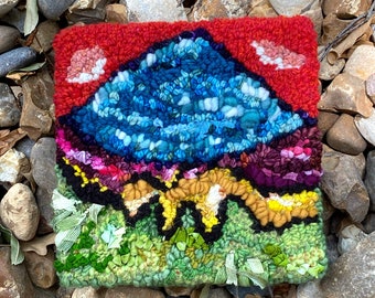 Rughooked Wool Painting and Wall Hanging- “Blueberry Mountain Reveille”