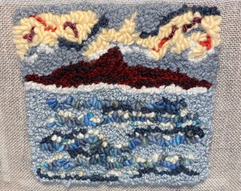 Rughooked Wool Painting and Wall Hanging- “Tempestuous Garnet Mountain”