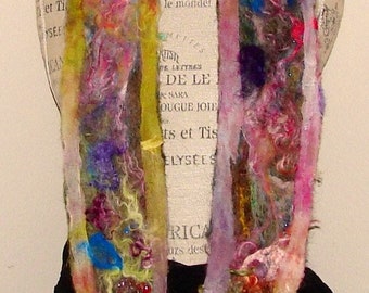 Felted Wool Scarf with Needlefelted Embellishments- Dreamy Cascade