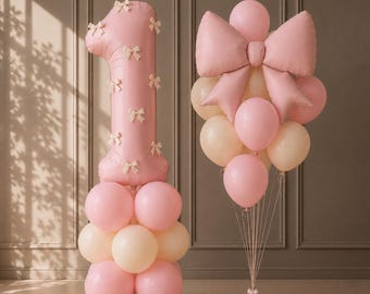 Pink Number Balloon Set | Bow Balloon | 1st Birthday Baby Girl Decor | Blush Pink Giant Number Balloon | Princess Party Decor | Pink Party