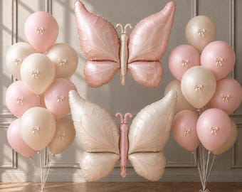Large Pink Butterfly Balloon Set with Bows, Little Princess Birthday Decor, Baby Girl First Birthday Balloons, Butterfly Party Decorations