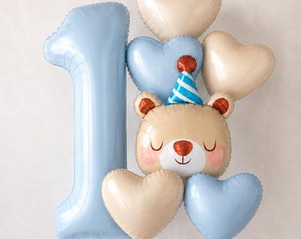 Bear First Birthday Set, Bear Balloon, Bear Birthday Party, Blue Heart Balloon, Blue Number Balloon, Baby Boy 1'st Boho Birthday Decor