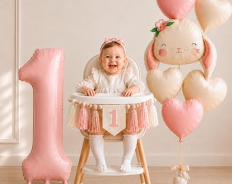 Pink Birthday Balloon Set, 1st Birthday Girl Party, 1st Number Balloon Set, Pink Bunny Decorations, Pink Chair Banner | Boho Birthday Decor