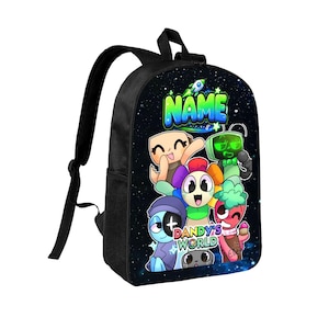 May include: A black backpack featuring a space-themed background with a colorful graphic print of cartoon characters. The text "NAME" appears at the top, and the text "DANDY'S WORLD" is printed near the bottom. The bag has black straps and side mesh pockets.