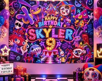 Tapisserie d'anniversaire numérique « The Amazing Digital Circus », bannière personnalisée avec nom et âge, décor de fête Pomni Jax, décoration murale pour anniversaire d'enfant