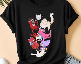 Funny Cartoon Cat Shirt, Cute Monster Kitty Graphic Tee, Quirky Character T-Shirt, Black Short Sleeve Gift for Kids Teens