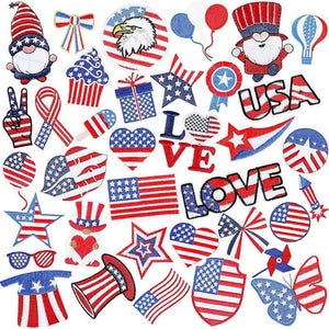May include: A collection of embroidered patches featuring patriotic American themes, including gnomes in top hats, an eagle, stars, hearts, the word LOVE, USA text, flags, balloons, a butterfly, sunglasses, and various red, white, and blue icons.
