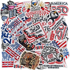 May include: A collection of embroidered fabric patches featuring red, white, and blue patriotic designs. The patches display text including Happy Independence Day, 250 Years, 1776-2026, and America, alongside imagery of bald eagles, stars, and stripes.