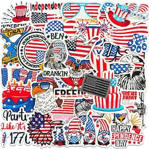 May include: A collection of embroidered patches featuring patriotic American themes, including bald eagles, American flags, top hats, fireworks, gnomes, and cakes. The designs incorporate red, white, and blue colors with text such as Independence, USA, and Happy Independence Day.