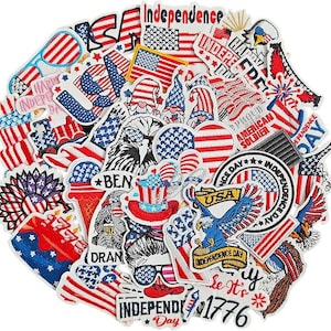 May include: A collection of embroidered patches featuring patriotic American themes, including bald eagles, the USA flag, top hats, gnomes, and text such as Independence, Happy Independence Day, and 1776, all rendered in red, white, and blue thread.