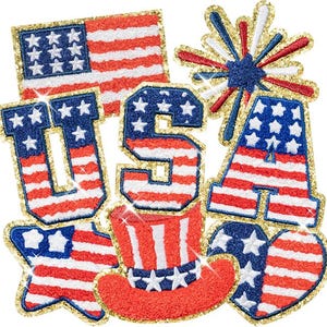 May include: A collection of embroidered patches featuring the letters U, S, and A, a rectangular American flag, a star-shaped patch, a heart-shaped patch, a top hat, and a firework burst, all with red, white, and blue colors and gold trim.