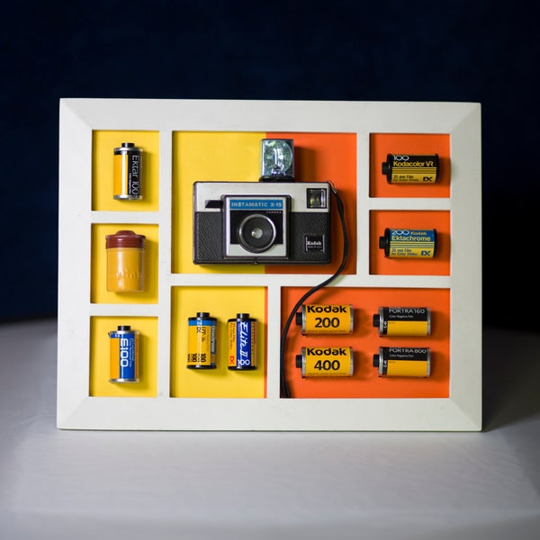 Wood Framed 126mm Kodak Camera & Kodak Color Film Canisters, Gift for Him, Gift for Her, Love of Photography, Love of Film