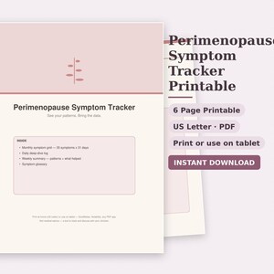 Könnte beinhalten: Ein druckbares Dokument zur Verfolgung von Perimenopause-Symptomen mit einem hellrosa Kopfbereich und einem kleinen Blattsymbol. Der Text umfasst Perimenopause Symptom Tracker, 6 Page Printable, US Letter, PDF, Print or use on tablet, INSTANT DOWNLOAD.