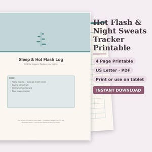 Könnte beinhalten: Ein vierseitiger Hot Flash & Night Sweats Tracker zum Ausdrucken im US-Letter-Format. Das Dokument hat eine hellblaue Kopfzeile mit einem kleinen Pflanzensymbol, den Titel Sleep & Hot Flash Log und eine Liste mit Inhalten wie Schlafprotokoll.