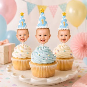 Anpassade fotodekorationer - Ansikte-muffinstoppare, Muffinstoppare för födelsedagar, Personlig fotofestdekoration, 1-årsdagsfestdekorationer
