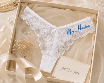 Tanga nupcial de encaje personalizada, ropa interior personalizada para la Sra. Novia, recuerdo de lencería nupcial