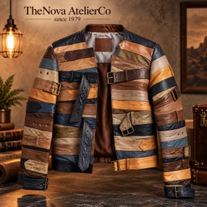 Puede incluir: Una chaqueta confeccionada con tiras horizontales de cuero multicolor en tonos marrón, beige, azul y negro. La prenda presenta correas integradas tipo cinturón con hebillas metálicas en la parte delantera y las mangas. Texto: TheNova AtelierCo since 1979.