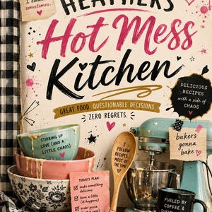 May include: A cookbook titled Heathers Hot Mess Kitchen with a stack of three bowls, a wooden spoon, a whisk, a stand mixer, and a black mug. The cover features text including I cook therefore I clean, Stirring up love, and Today's plan.