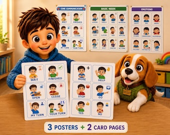 May include: A set of three educational posters and two card pages featuring illustrated communication icons for core needs, emotions, and actions. The posters display grids with labels like Wait, Finished, Hungry, and Happy, while the cards show similar icons.
