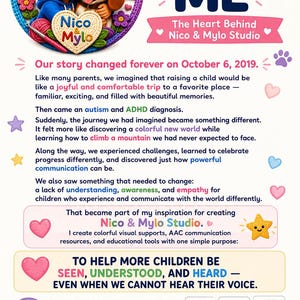 May include: An informational graphic titled ABOUT ME for Nico & Mylo Studio. It features a circular crochet-style illustration of a boy and a puppy, followed by text detailing a personal journey regarding autism, ADHD, and AAC communication tools.