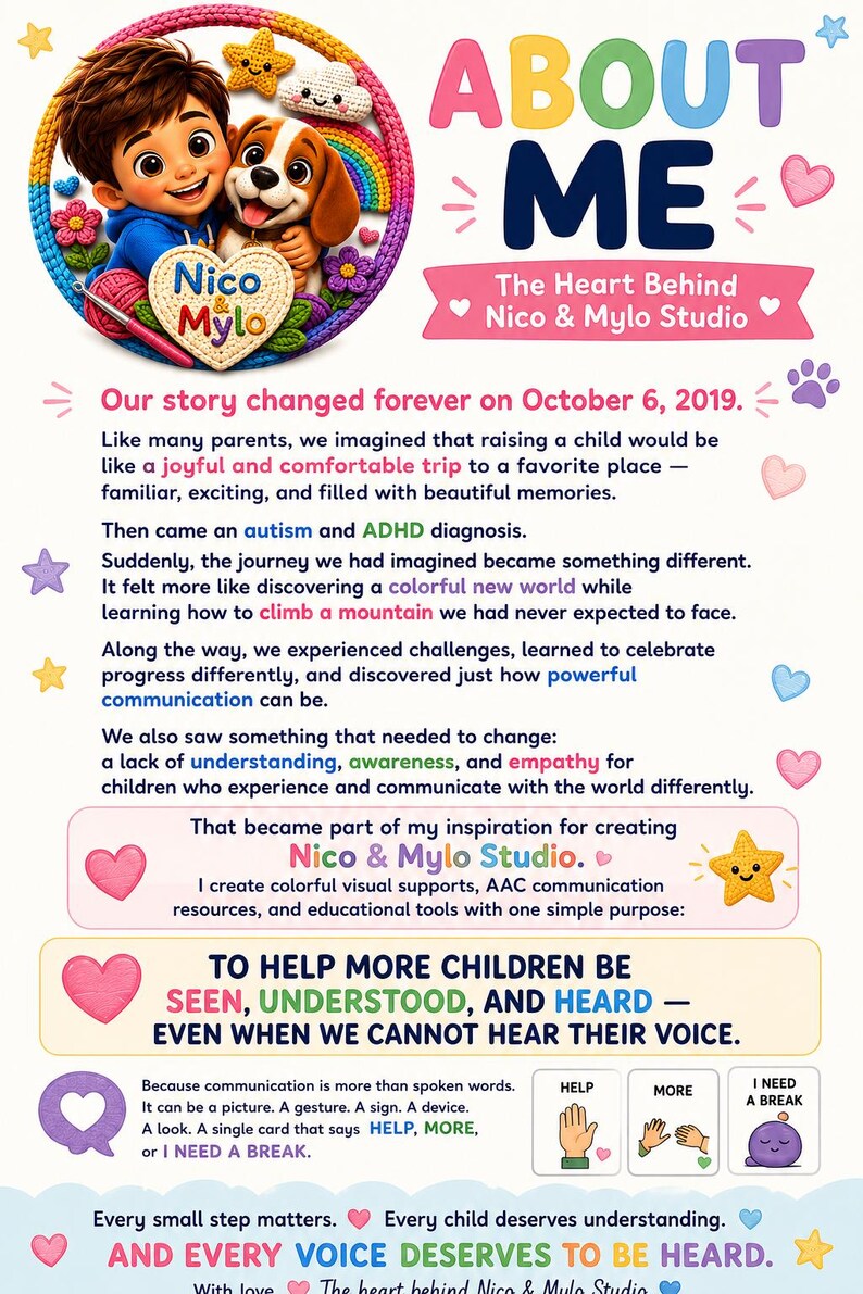 May include: An informational graphic titled ABOUT ME for Nico & Mylo Studio. It features a circular crochet-style illustration of a boy and a puppy, followed by text detailing a personal journey regarding autism, ADHD, and AAC communication tools.