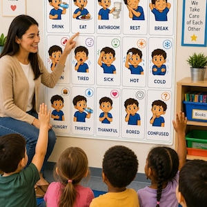 May include: A large rectangular educational wall chart titled BASIC NEEDS featuring fifteen illustrated squares with icons and labels including DRINK, EAT, BATHROOM, REST, BREAK, TIRED, SICK, HOT, COLD, HUNGRY, THIRSTY, THANKFUL, BORED, and CONFUSED.