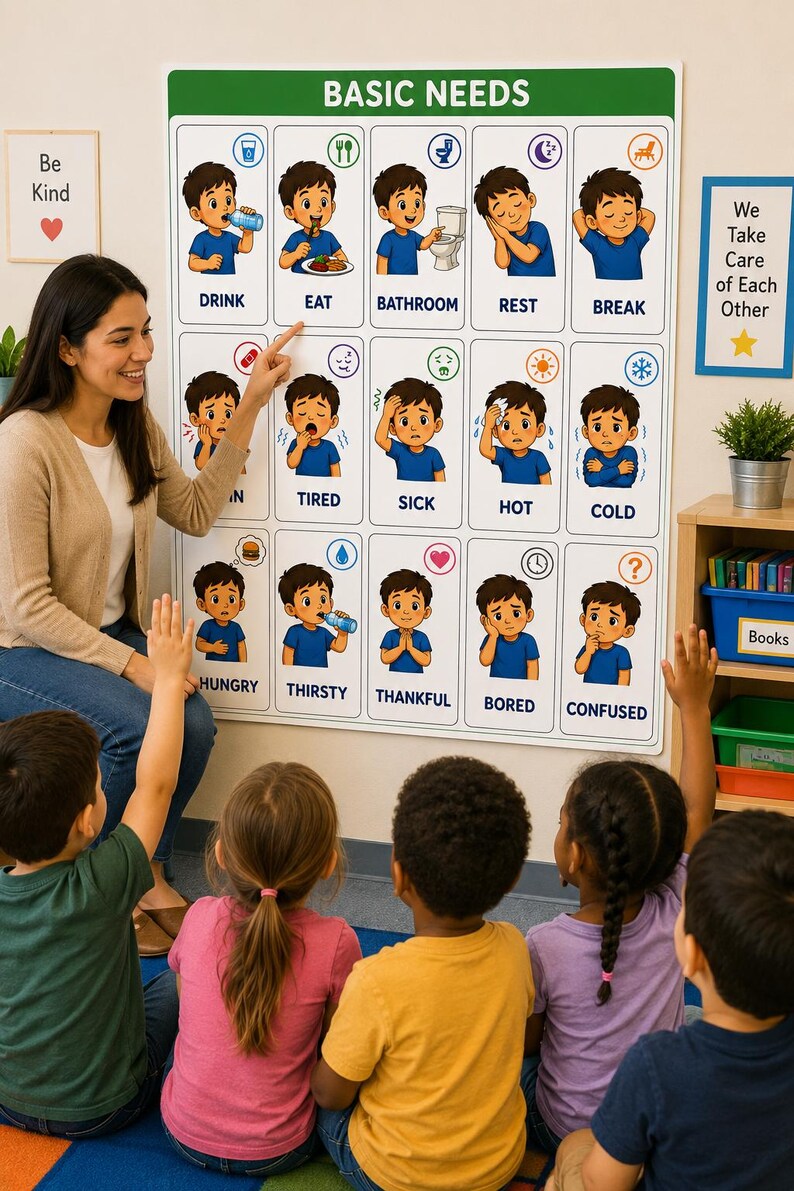 May include: A large rectangular educational wall chart titled BASIC NEEDS featuring fifteen illustrated squares with icons and labels including DRINK, EAT, BATHROOM, REST, BREAK, TIRED, SICK, HOT, COLD, HUNGRY, THIRSTY, THANKFUL, BORED, and CONFUSED.