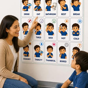 May include: A rectangular educational wall chart titled BASIC NEEDS featuring fifteen illustrated squares. Each square depicts a cartoon child in a blue shirt demonstrating a specific need or emotion with corresponding text labels like DRINK, EAT, and TIRED.