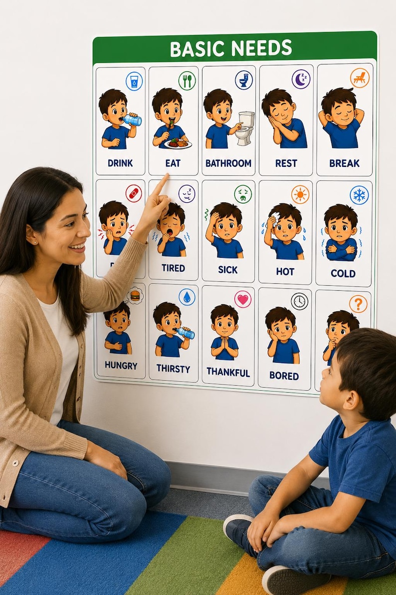 May include: A rectangular educational wall chart titled BASIC NEEDS featuring fifteen illustrated squares. Each square depicts a cartoon child in a blue shirt demonstrating a specific need or emotion with corresponding text labels like DRINK, EAT, and TIRED.