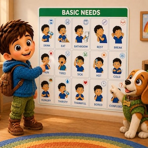 May include: A wall chart titled BASIC NEEDS featuring a grid of illustrations depicting various human states and actions, including drink, eat, bathroom, rest, break, pain, tired, sick, hot, cold, hungry, thirsty, thankful, bored, and confused.