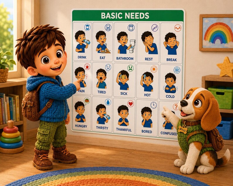 May include: A wall chart titled BASIC NEEDS featuring a grid of illustrations depicting various human states and actions, including drink, eat, bathroom, rest, break, pain, tired, sick, hot, cold, hungry, thirsty, thankful, bored, and confused.