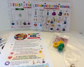 May include: A First-Then communication board set featuring colorful icons for daily activities, an About Me information sheet with text and illustrations, and a small clear plastic bag containing yellow and green plastic tokens.