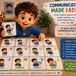 May include: A set of 12 square communication cards featuring illustrations of a child and text labels for basic needs like drink, eat, bathroom, rest, break, pain, tired, sick, hot, cold, hungry, thirsty, and help, displayed on a wooden table.