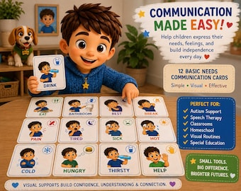 May include: A set of 12 basic needs communication cards featuring illustrations of a child performing various actions. Each card includes a label such as drink, eat, bathroom, rest, break, pain, tired, sick, hot, cold, hungry, thirsty, and help.