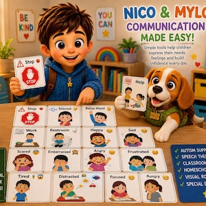 Può includere: Un set di carte educative per la comunicazione con illustrazioni di bambini che esprimono varie emozioni e bisogni, etichettate con testi come Stop, Silence, Help e Happy, mostrate accanto a un bambino cartoon e un cane beagle.