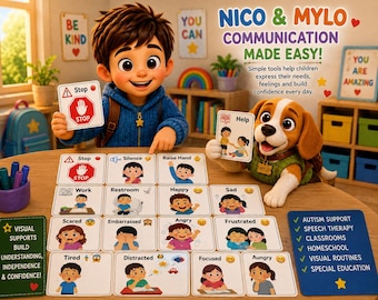 May include: A set of educational communication cards featuring illustrations of children expressing various emotions and needs, labeled with text such as Stop, Help, Happy, and Angry. The cards are displayed on a table alongside a cartoon boy and a dog.
