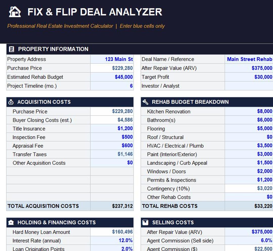 Fix and Flip Deal Analyzer Excel Spreadsheet | Real Estate Investment ...