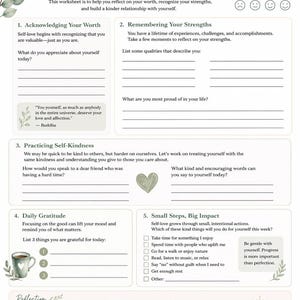 May include: A self-love and self-esteem worksheet featuring sections for acknowledging worth, remembering strengths, practicing self-kindness, daily gratitude, and small steps. The page includes green leaf illustrations, a coffee mug, and a heart icon.