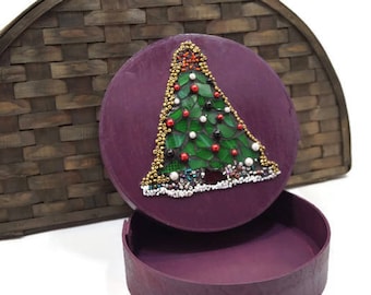Round Mosaic Christmas Tree Box, Stained Glass And Beads, Gift, Christmas Candy Box, Holiday, Bentwood Box, Winter Wonderland Art, Purple