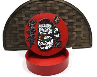 Round Mosaic Snowman Box, Stained Glass, Gift Box, Christmas Candy Box, Holiday, Bentwood Box, Art, Winter Wonderland, Red, Candy Cane, Snow