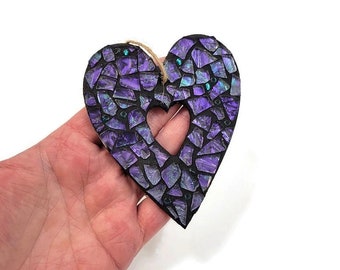 Mosaic Heart Ornament, Purple And Blue Stained Glass, Valentines Day, Boho, Love Token Art, Romance, Girlfriend Gift, Mothers Day, Christmas