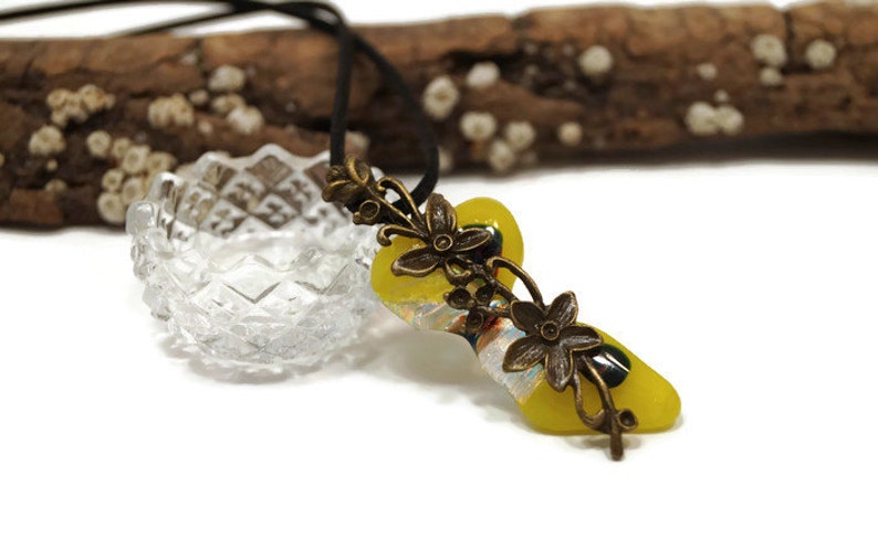 Yellow Fused Glass With Flower Charm Pendant Necklace, Dichroic, Irregular, Long, Funky Fashion, Nature Jewelry, Clear With Gold, Boho Vibe image 8