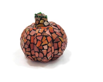 Mosaic Fall Pumpkin Figurine, Orange Stained Glass, Halloween, Autumn, Thanksgiving, Home Decor, Table Scape, Shelf Sitter, Mini Pumpkin