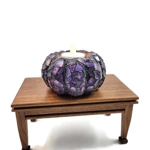 Mosaic Purple Stained Glass Fall Tea Light Pumpkin Figurine, Halloween And Thanksgiving Decor, Autumn Table Scape, Self Sitter, Art Decor zdjęcie 7