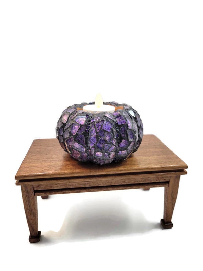 Mosaic Purple Stained Glass Fall Tea Light Pumpkin Figurine, Halloween And Thanksgiving Decor, Autumn Table Scape, Self Sitter, Art Decor zdjęcie 7