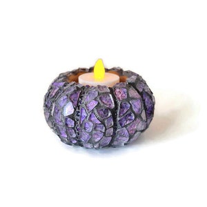 Mosaic Purple Stained Glass Fall Tea Light Pumpkin Figurine, Halloween And Thanksgiving Decor, Autumn Table Scape, Self Sitter, Art Decor zdjęcie 1